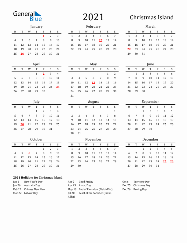 Christmas Island Holidays Calendar for 2021