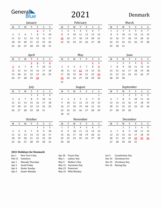 Denmark Holidays Calendar for 2021