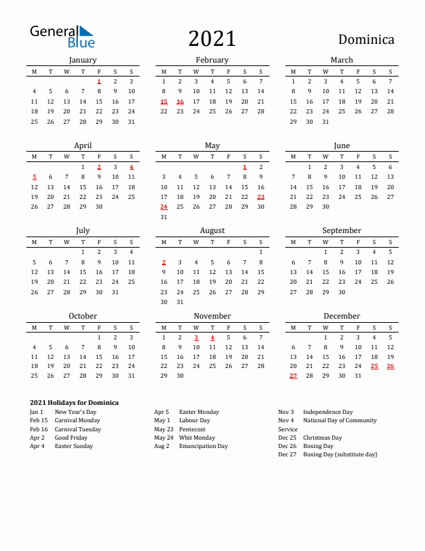 Dominica Holidays Calendar for 2021