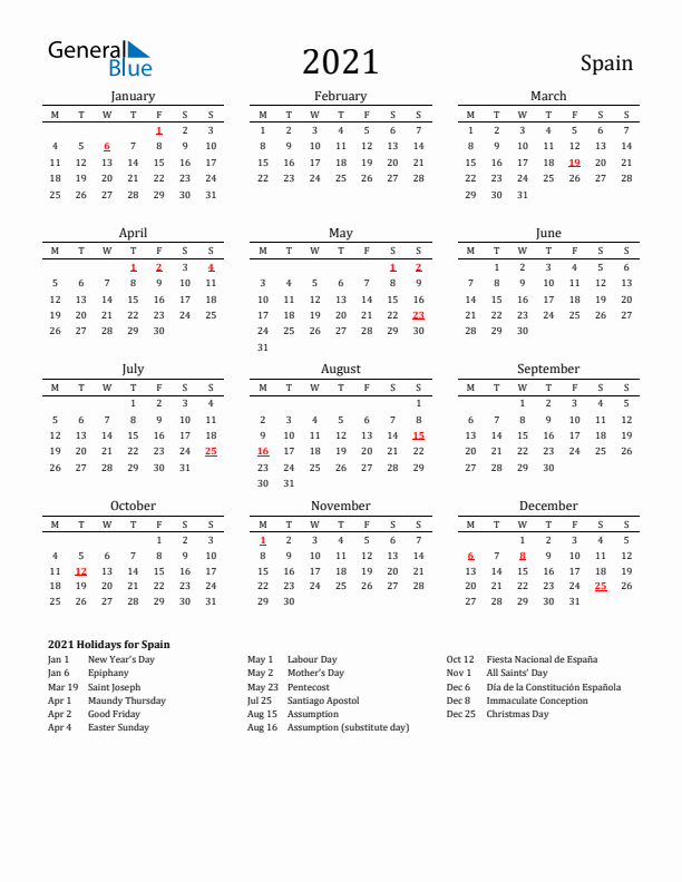 Spain Holidays Calendar for 2021