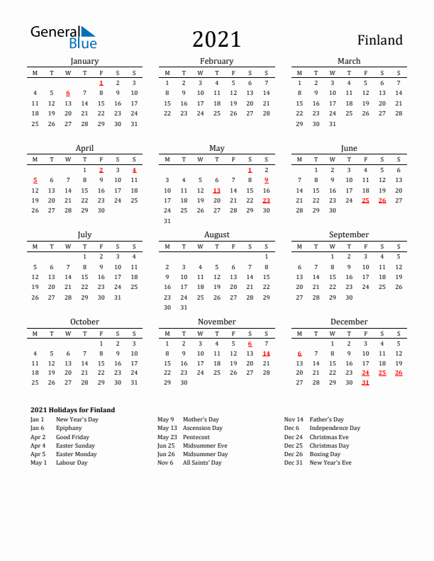 Finland Holidays Calendar for 2021