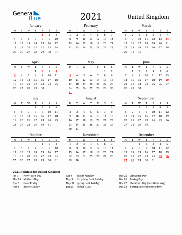 United Kingdom Holidays Calendar for 2021