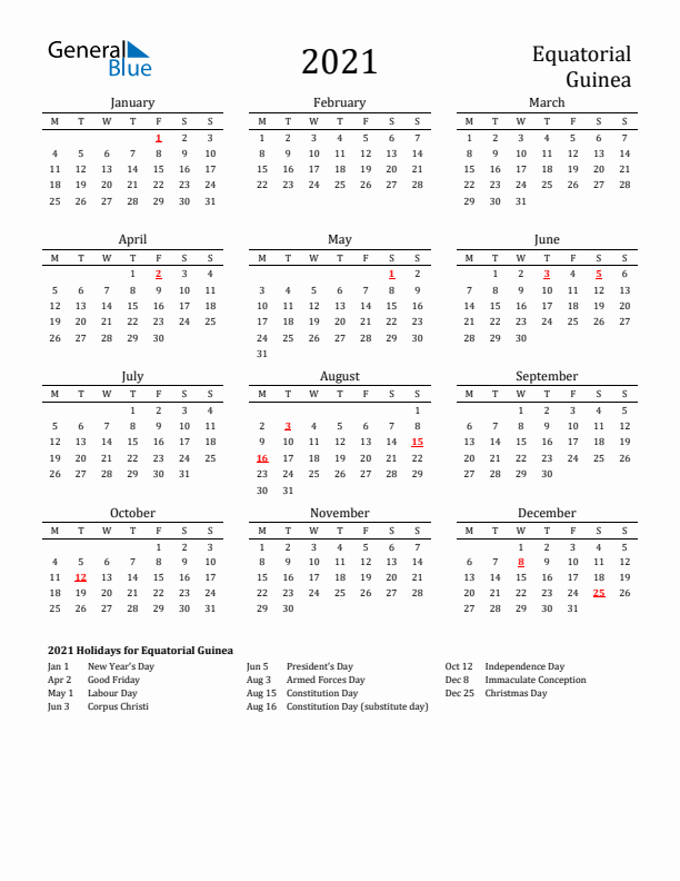 Equatorial Guinea Holidays Calendar for 2021