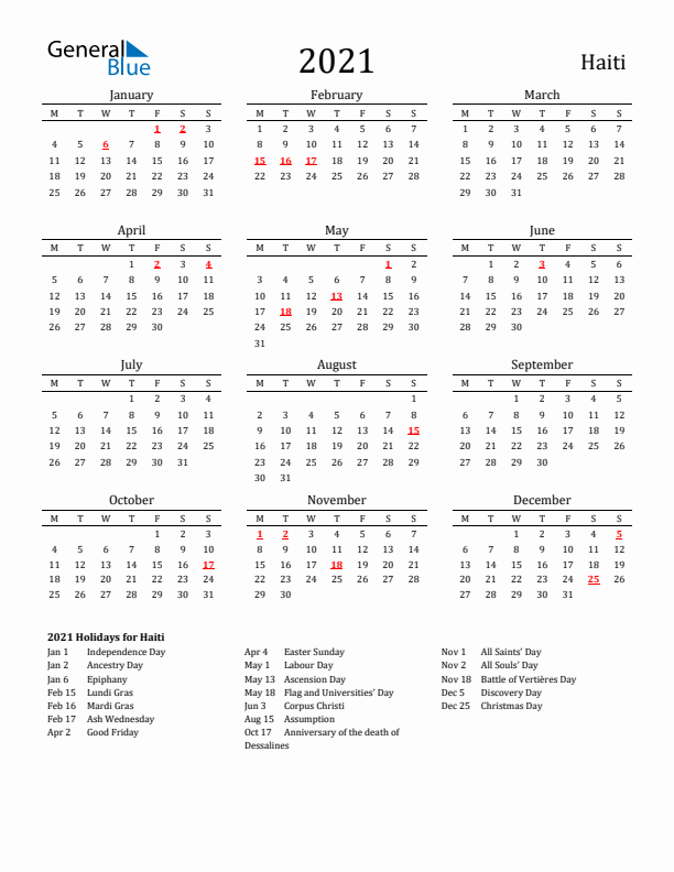 Haiti Holidays Calendar for 2021