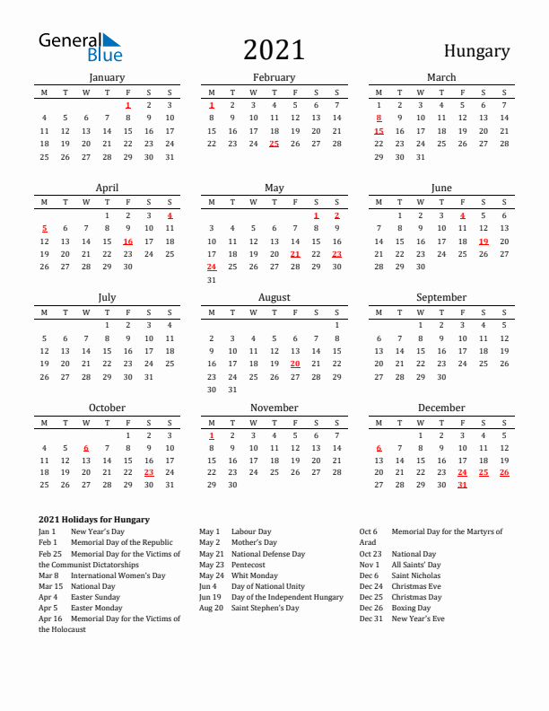 Hungary Holidays Calendar for 2021