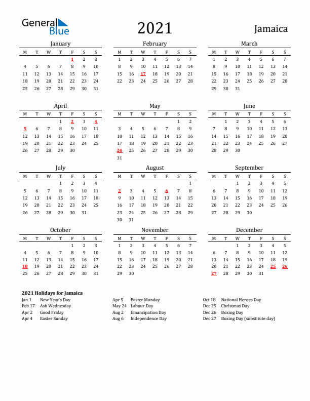 Jamaica Holidays Calendar for 2021