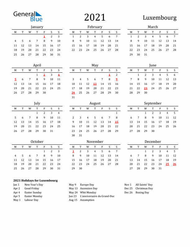 Luxembourg Holidays Calendar for 2021