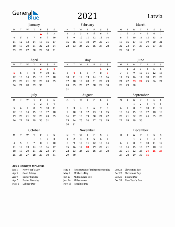 Latvia Holidays Calendar for 2021