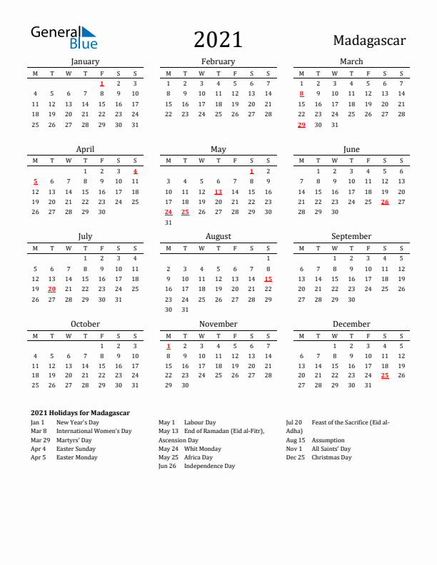 Madagascar Holidays Calendar for 2021