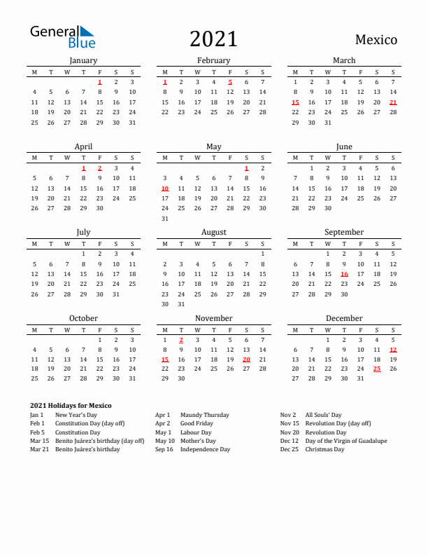 Mexico Holidays Calendar for 2021