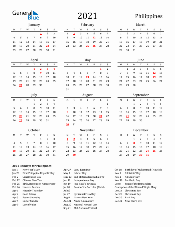 Philippines Holidays Calendar for 2021