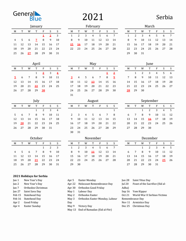 Serbia Holidays Calendar for 2021