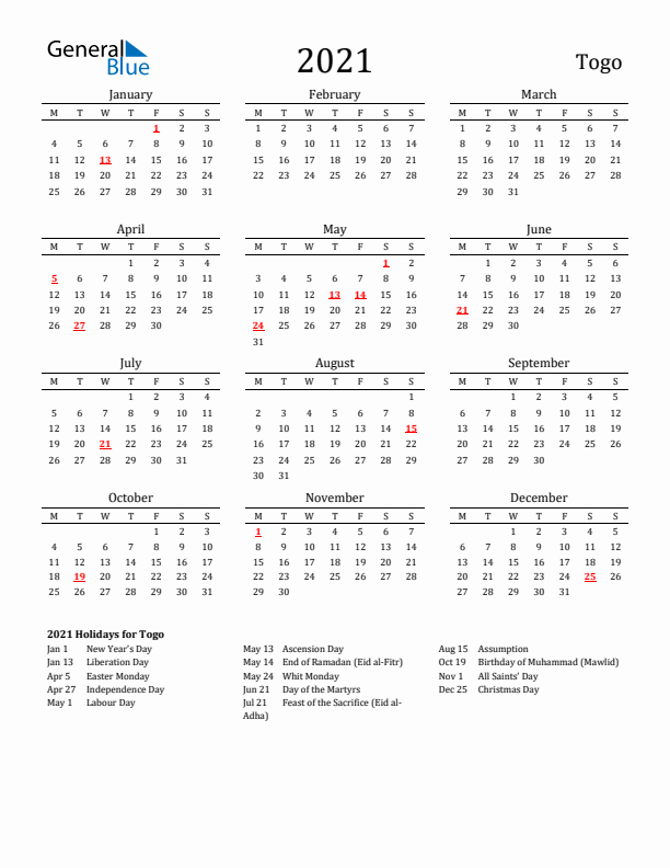 Togo Holidays Calendar for 2021