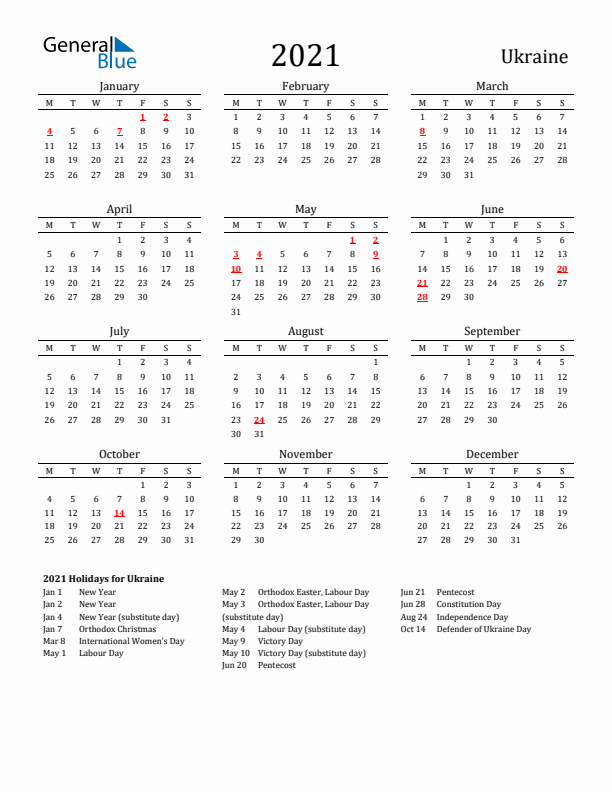 Ukraine Holidays Calendar for 2021