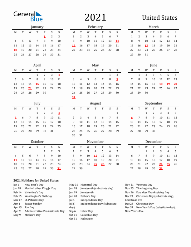 United States Holidays Calendar for 2021