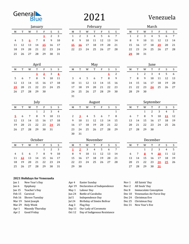 Venezuela Holidays Calendar for 2021