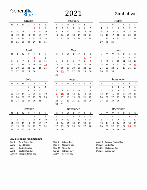 Zimbabwe Holidays Calendar for 2021