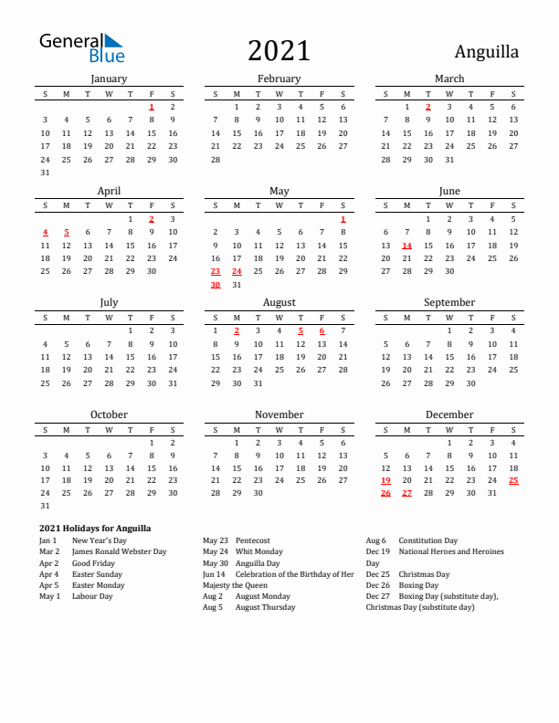 Anguilla Holidays Calendar for 2021