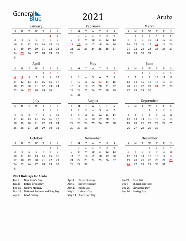 Aruba Holidays Calendar for 2021