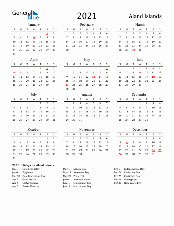 Aland Islands Holidays Calendar for 2021