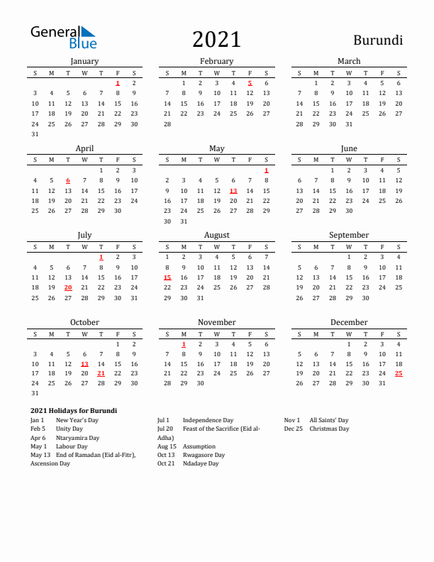 Burundi Holidays Calendar for 2021