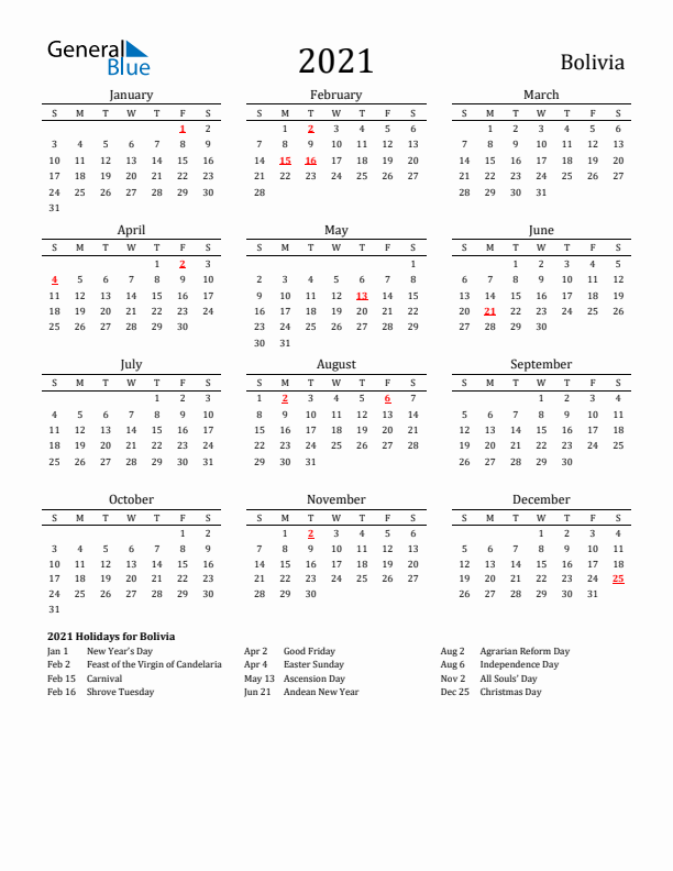 Bolivia Holidays Calendar for 2021