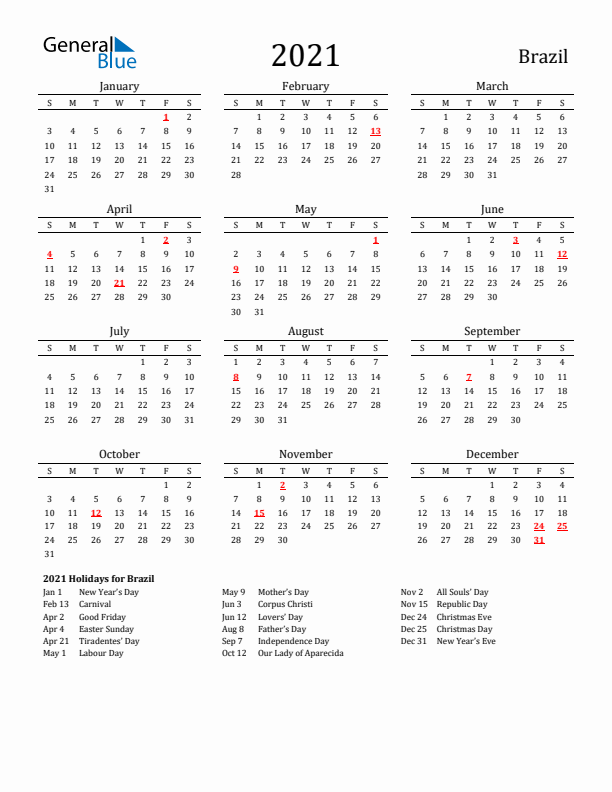 Brazil Holidays Calendar for 2021