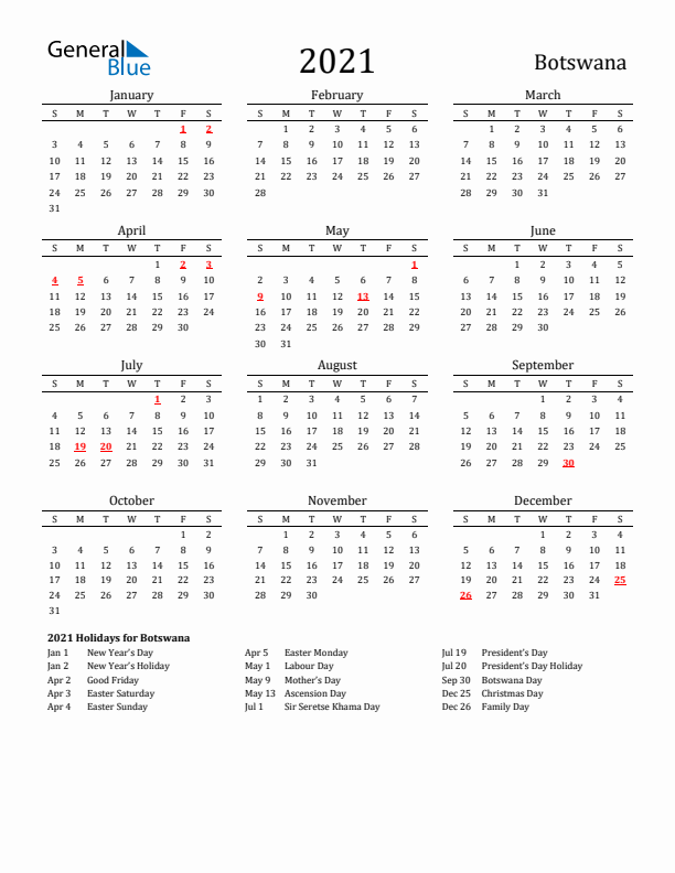 Botswana Holidays Calendar for 2021