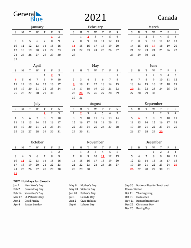 Canada Holidays Calendar for 2021