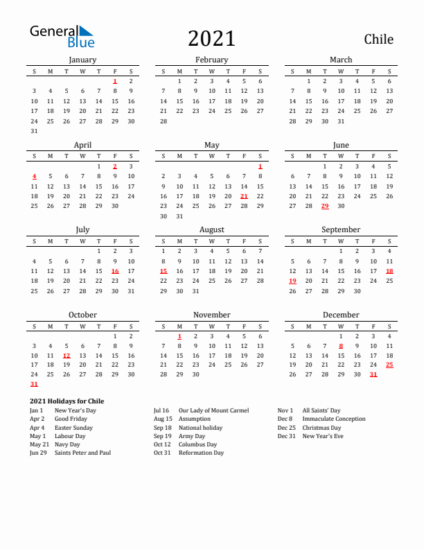 Chile Holidays Calendar for 2021