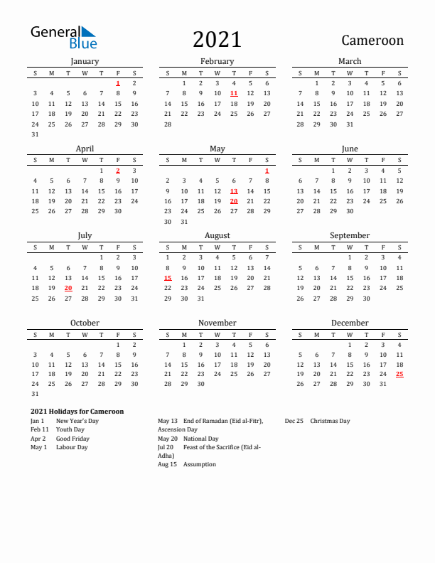 Cameroon Holidays Calendar for 2021