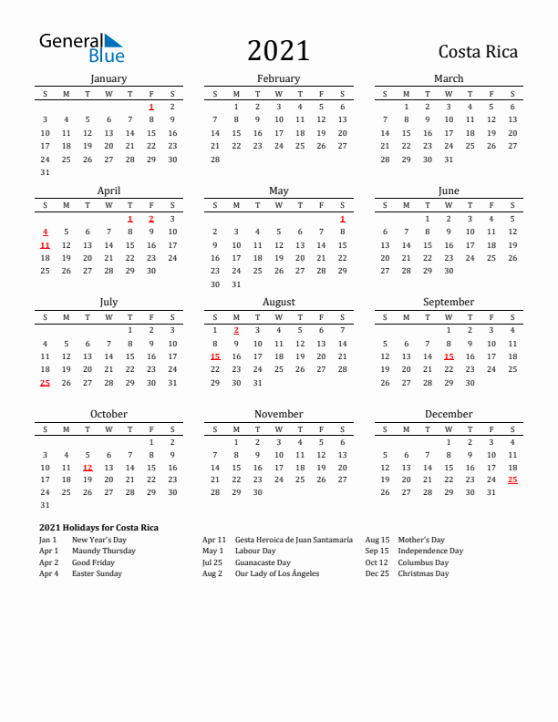 Costa Rica Holidays Calendar for 2021