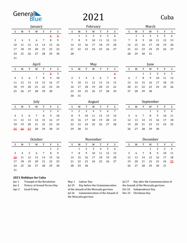 Cuba Holidays Calendar for 2021