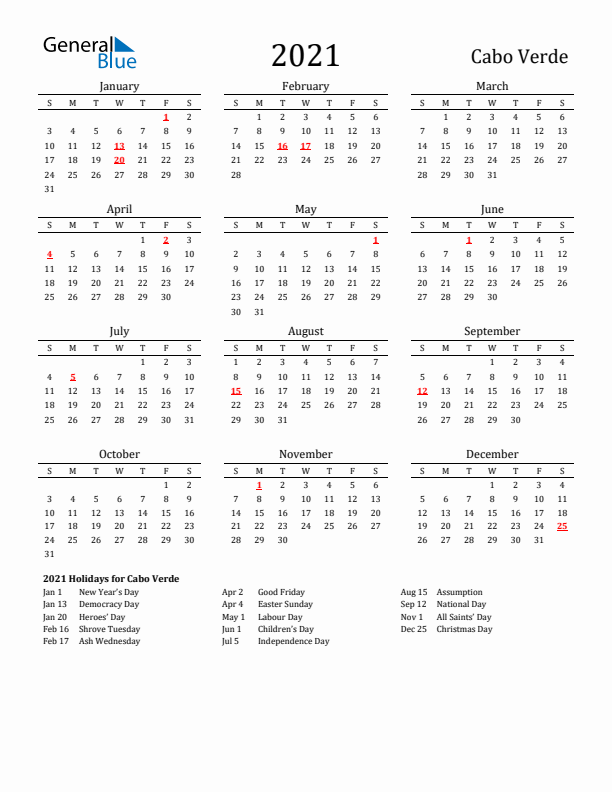 Cabo Verde Holidays Calendar for 2021