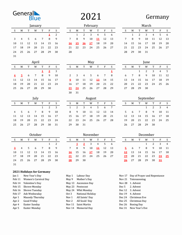 Germany Holidays Calendar for 2021