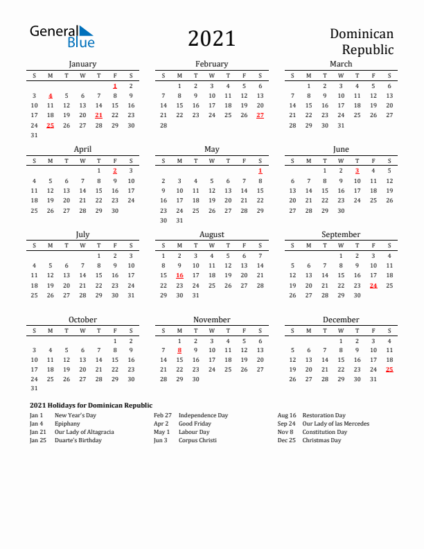 Dominican Republic Holidays Calendar for 2021