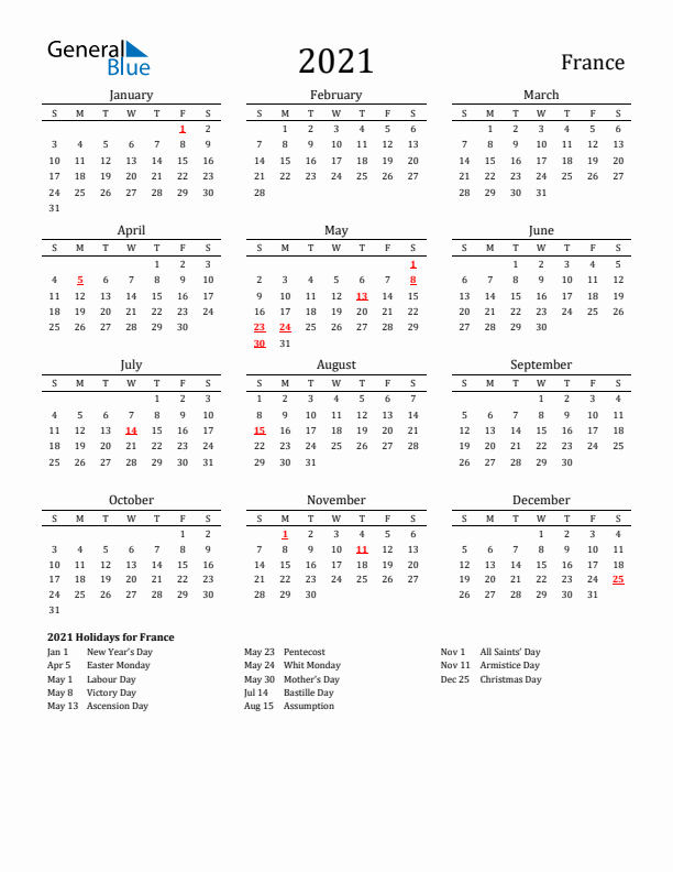 France Holidays Calendar for 2021