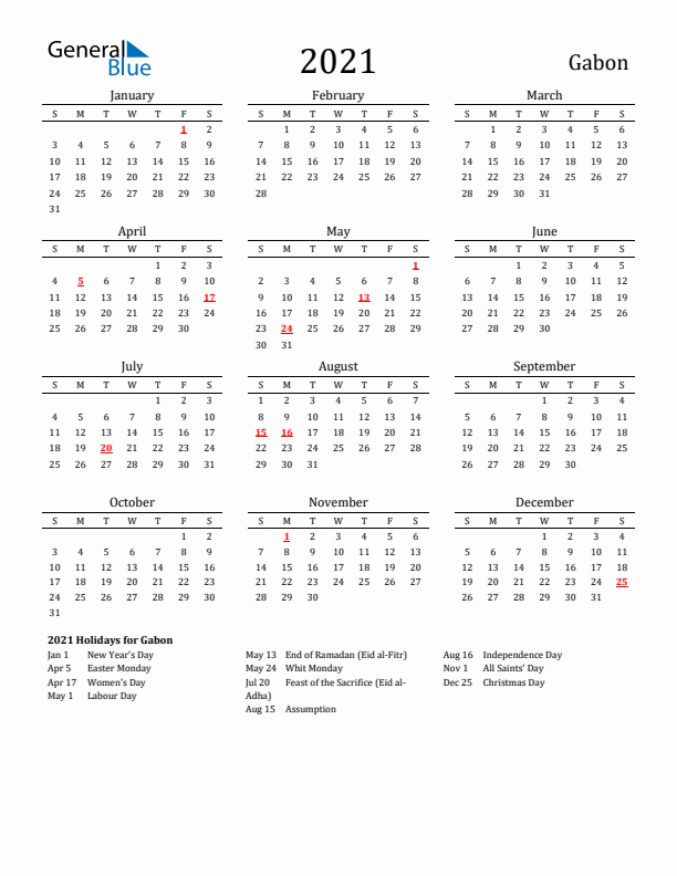 Gabon Holidays Calendar for 2021