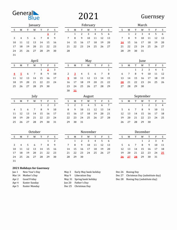 Guernsey Holidays Calendar for 2021