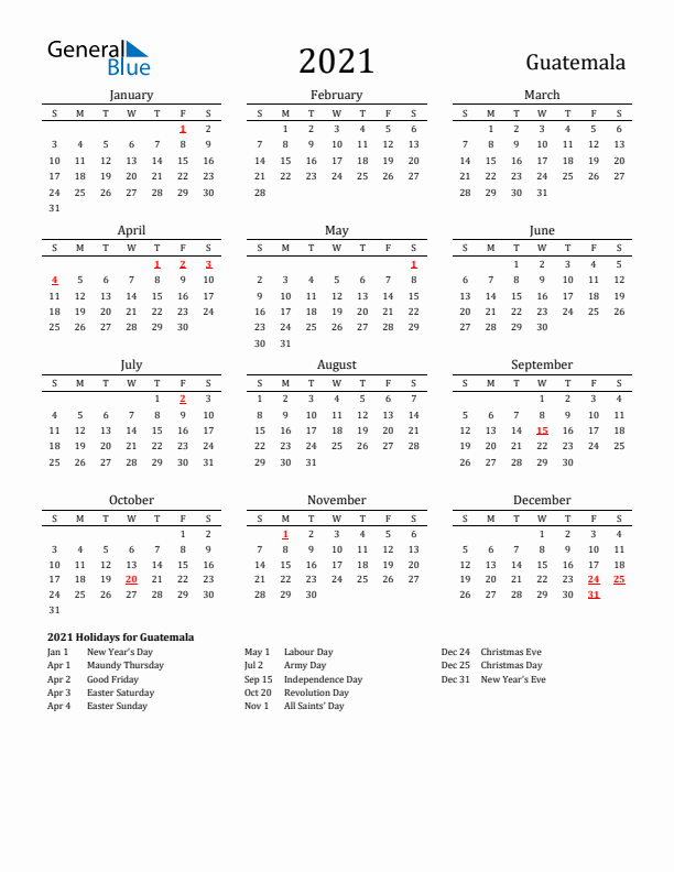 Guatemala Holidays Calendar for 2021