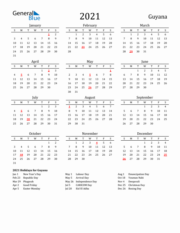 Guyana Holidays Calendar for 2021