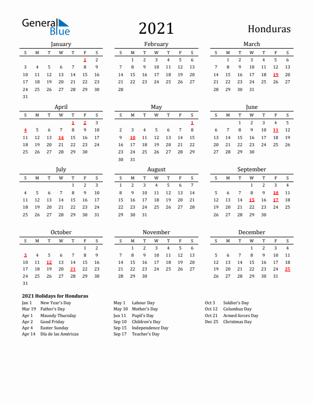 Honduras Holidays Calendar for 2021