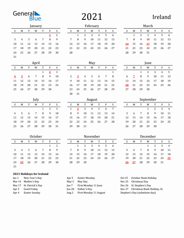 Ireland Holidays Calendar for 2021