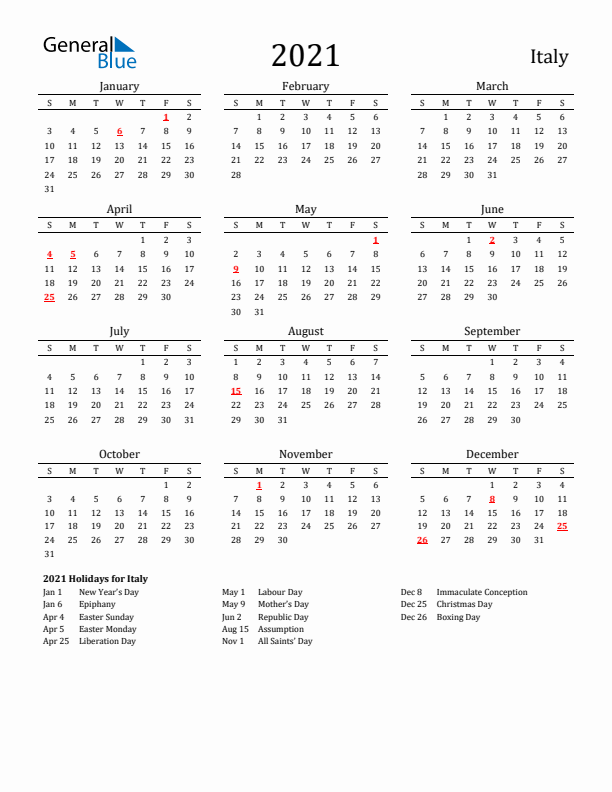 Italy Holidays Calendar for 2021