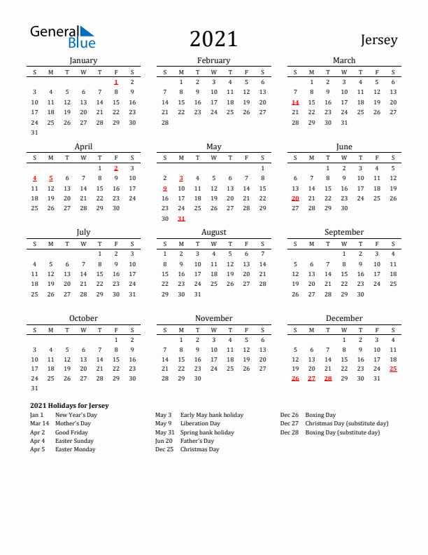 Jersey Holidays Calendar for 2021