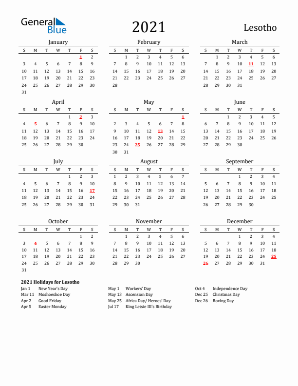 Lesotho Holidays Calendar for 2021