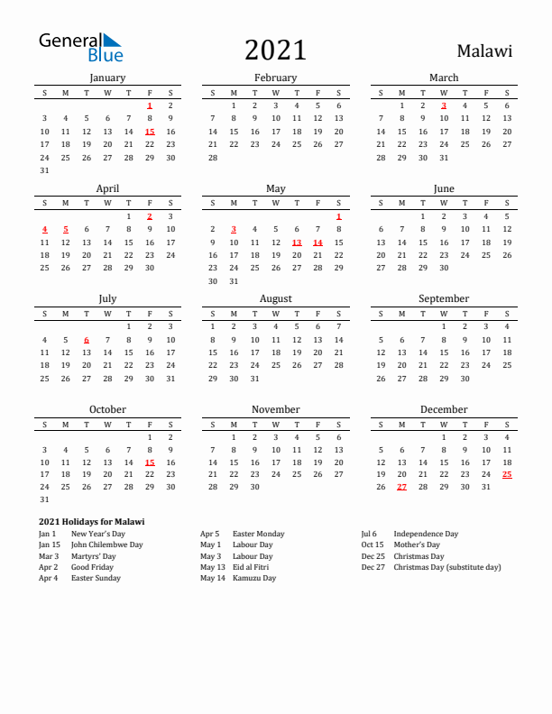 Malawi Holidays Calendar for 2021