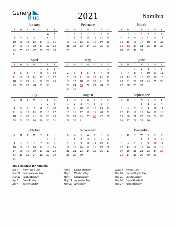 Namibia Holidays Calendar for 2021