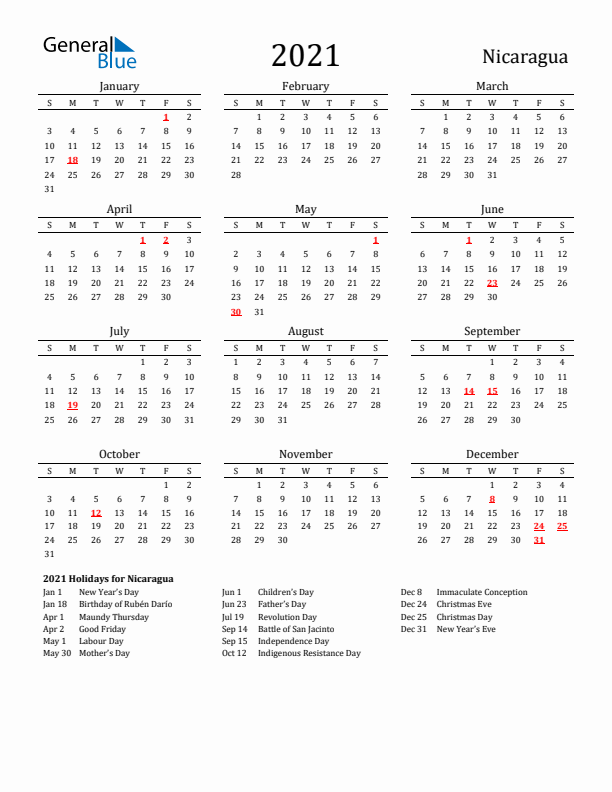 Nicaragua Holidays Calendar for 2021