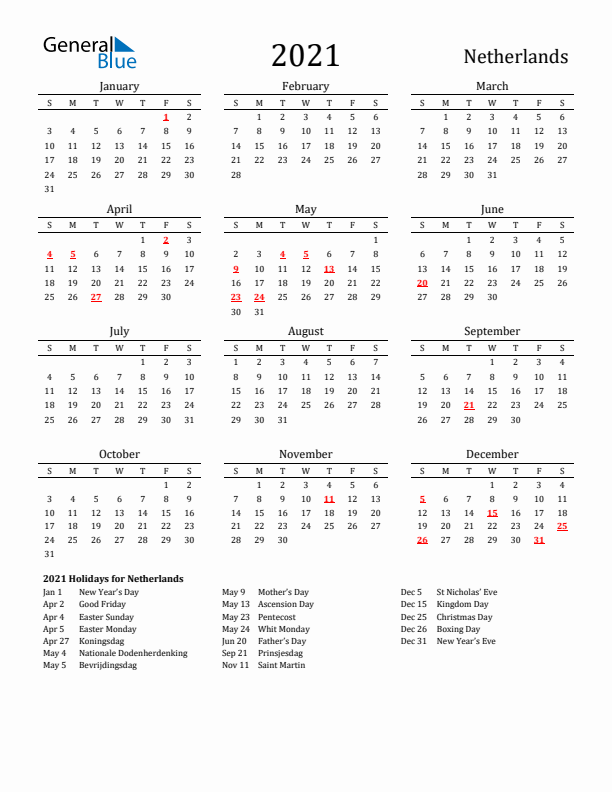 The Netherlands Holidays Calendar for 2021